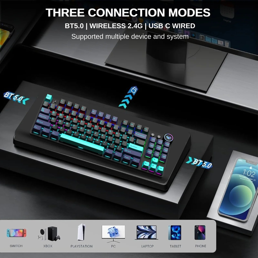 AULA M75 Tri-Mode TKL Wireless Mechanical Gaming Keyboard | Black Blue Green (M75GB)