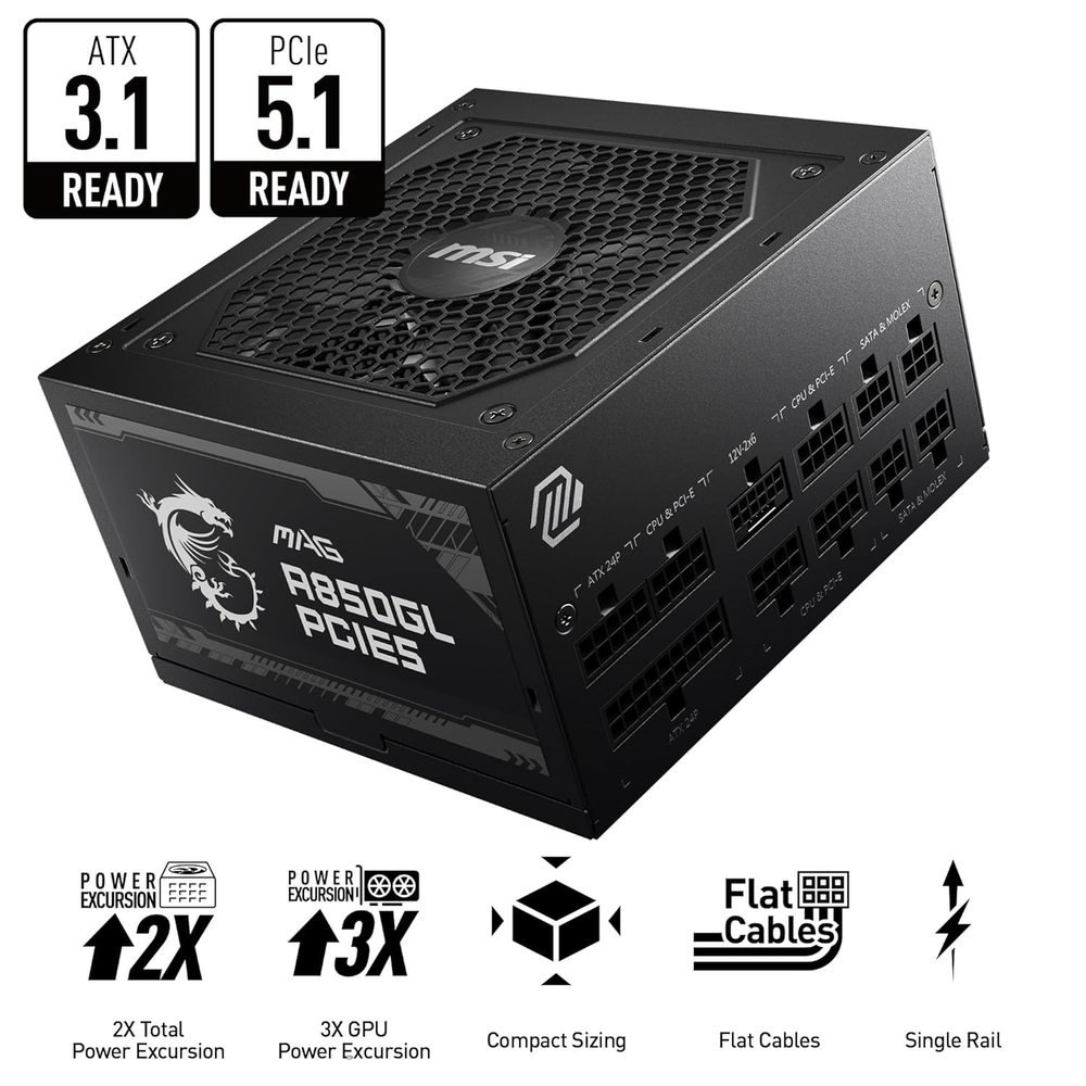 MSI MAG A850GL PCIE5 850W 80+ Gold Fully Modular PCIe 5.0 ATX 3.1 Power Supply Unit