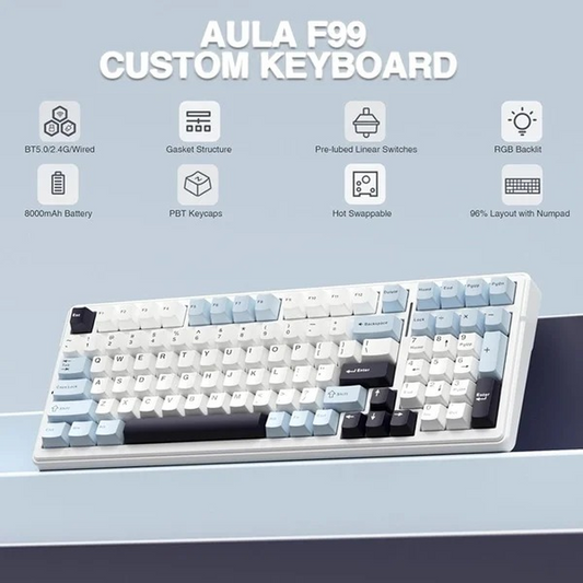 AULA F99 96% Tri-Mode Wireless Mechanical Gaming Keyboard with Knob | Ice Blue, Reaper Switch (F99IUR)