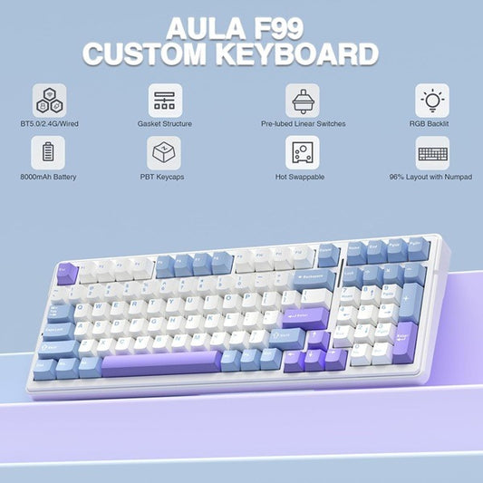 AULA F99 99-Key Tri-Mode Mechanical Gaming Keyboard Blue White Crescent Switch