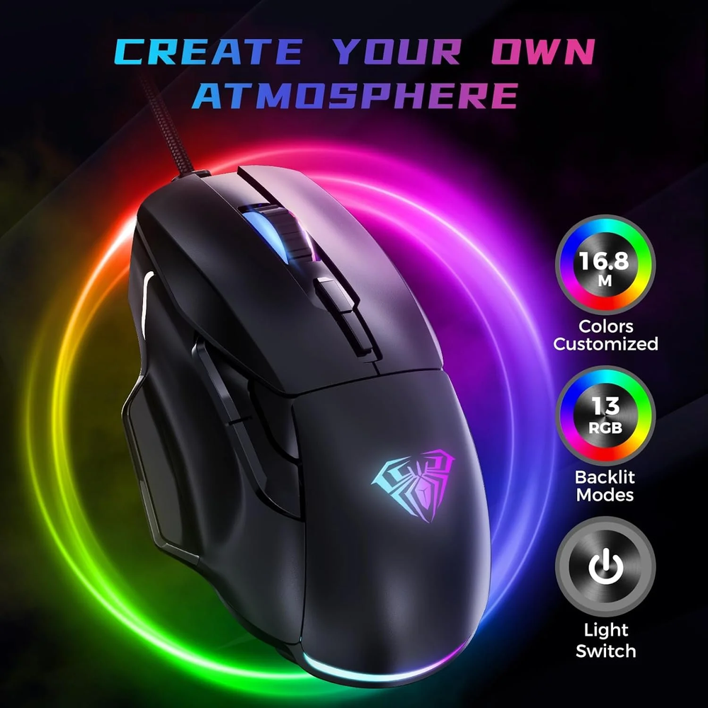 AULA F815 RGB Wired Ergonomic Gaming Mouse | Black (F815B)