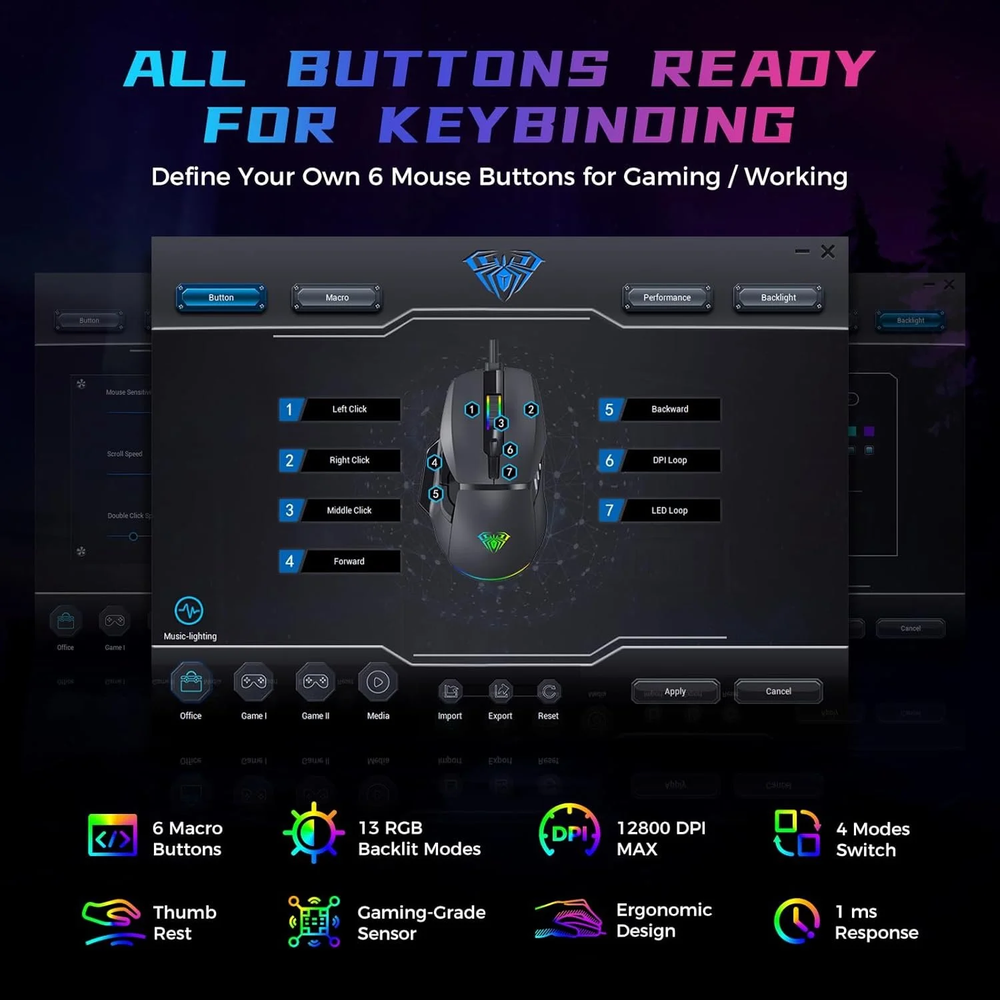 AULA F815 RGB Wired Ergonomic Gaming Mouse | Black (F815B)