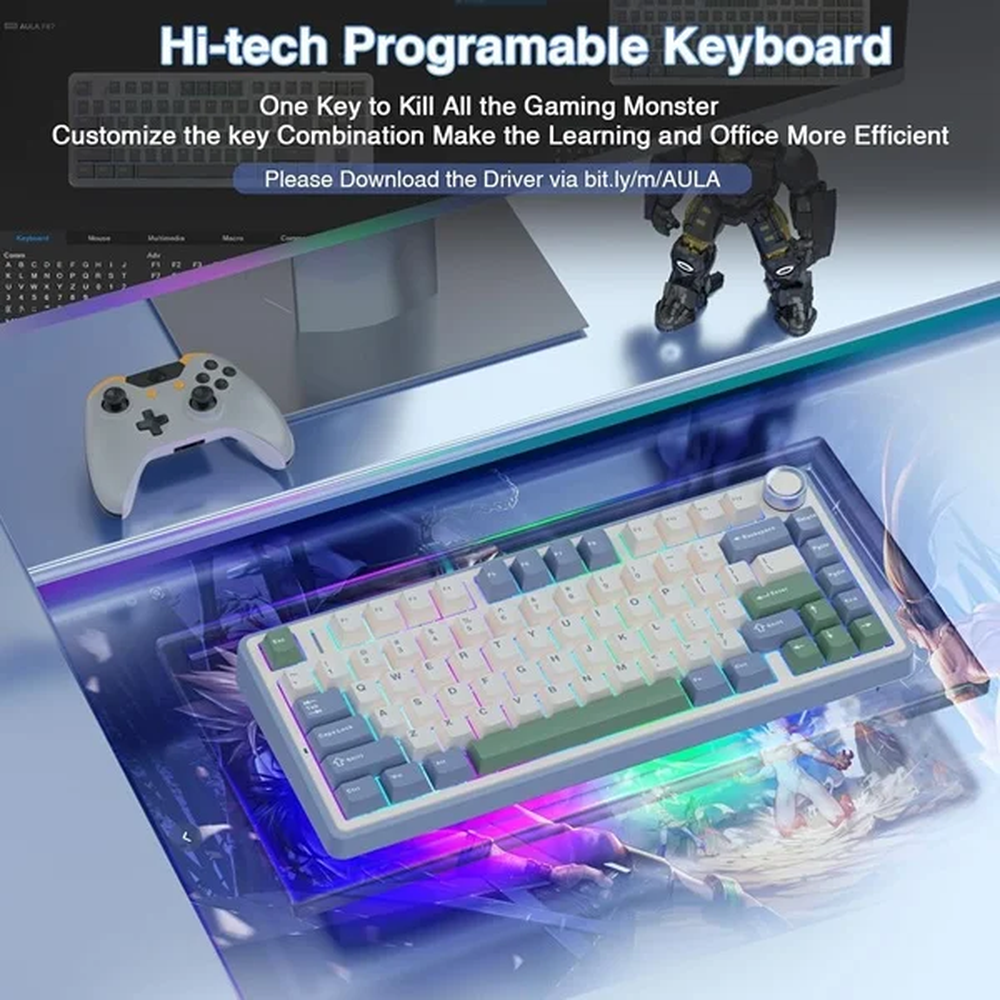 AULA F75 75% Wireless Trio Mode Mechanical Gaming Keyboard With Knob | Cedar Green, Ice Vein Switch (F75CGV)