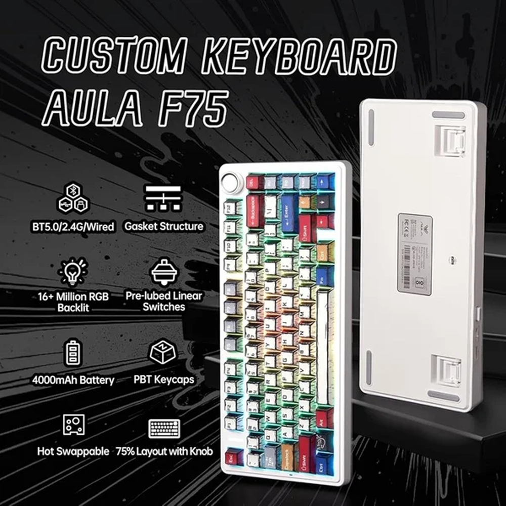 AULA F75 75% Wireless Trio Mode Mechanical Gaming Keyboard With Knob | Comic Keycap, Reaper Switch (F75CKR)