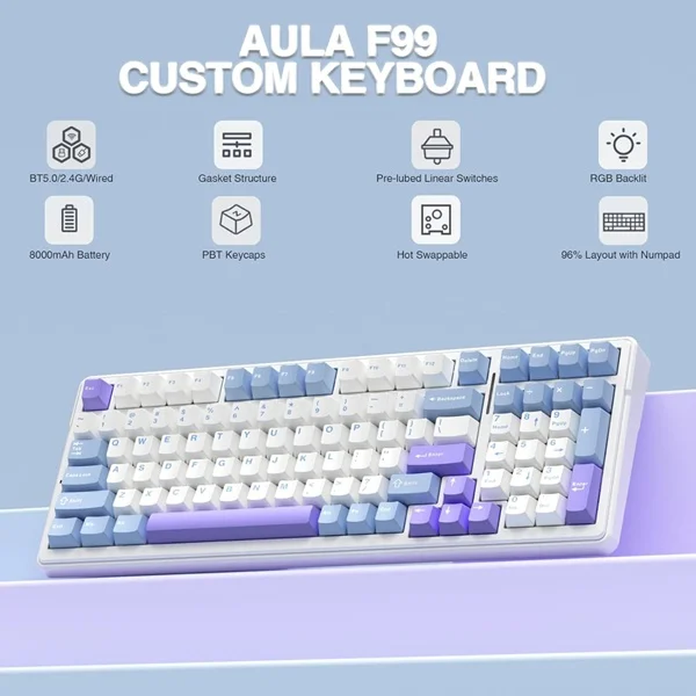 AULA F99 96% Tri-Mode Wireless Mechanical Gaming Keyboard with Knob | White, Graywood Switch (F99UWW)