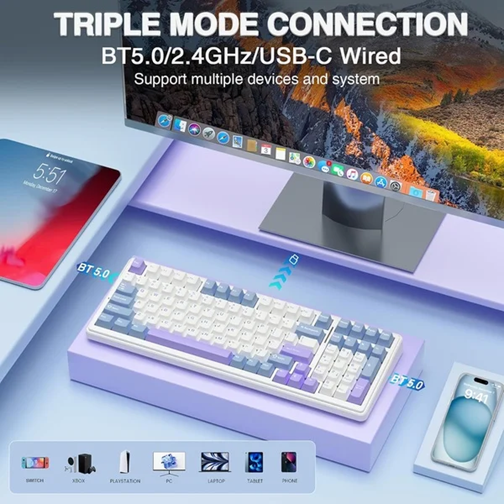 AULA F99 96% Tri-Mode Wireless Mechanical Gaming Keyboard with Knob | White, Graywood Switch (F99UWW)