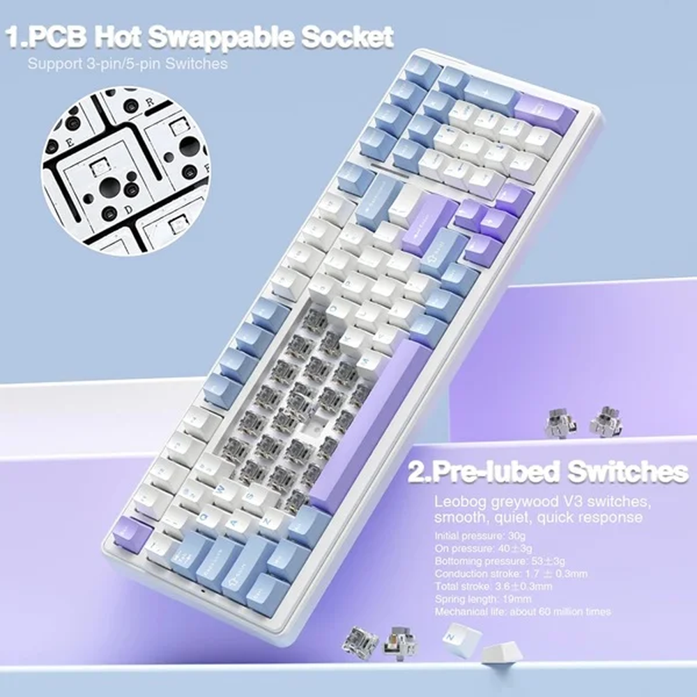 AULA F99 96% Tri-Mode Wireless Mechanical Gaming Keyboard with Knob | White, Graywood Switch (F99UWW)