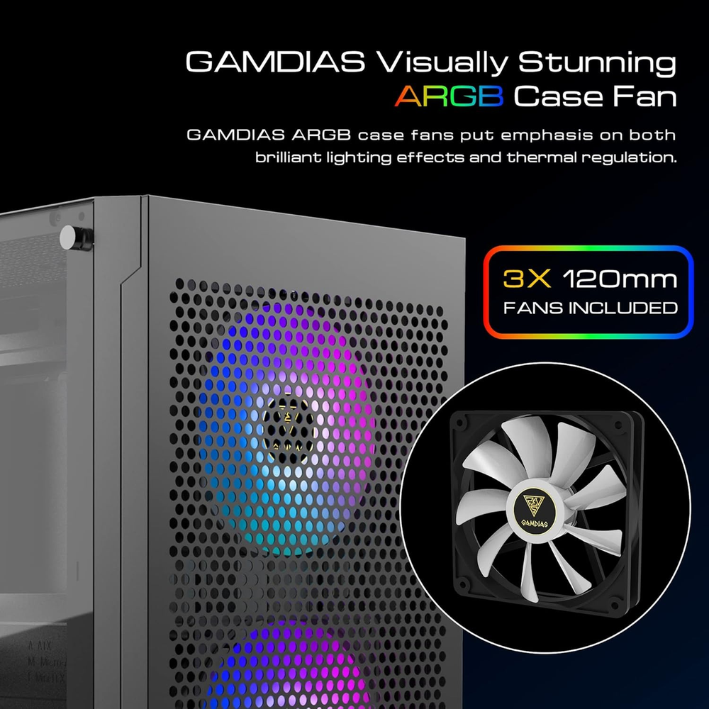 GAMDIAS TALOS E3 MESH ARGB Mid Tower PC Case (Black, Mesh Front, 3×120mm ARGB Fans, ATX Support, 360mm Radiator, Tempered Glass Side)