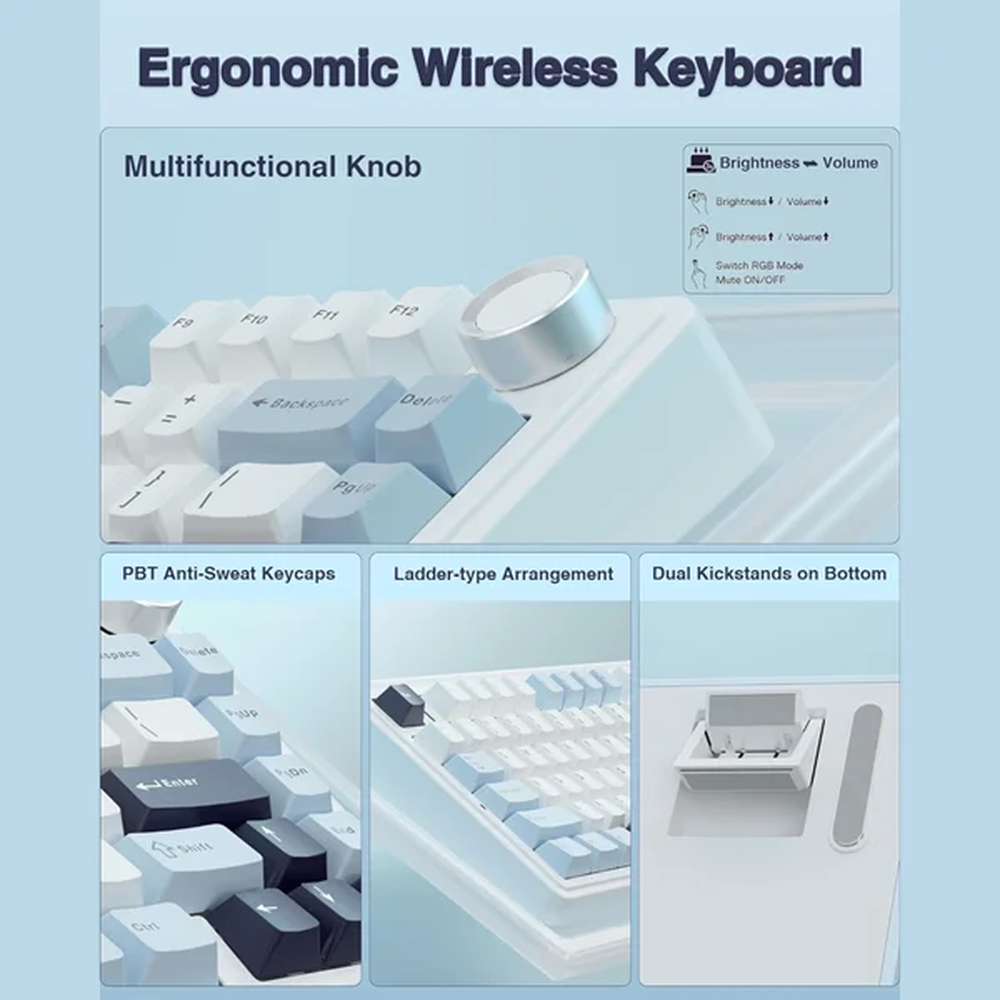 AULA F75 75% Wireless Trio Mode Mechanical Gaming Keyboard With Knob | Ice Blue, Ice Vein (F75IUV)