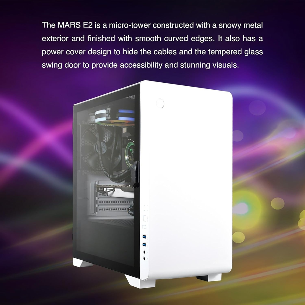 GAMDIAS MARS E2 White Micro-ATX Mini Tower PC Case (Hinged Tempered Glass, Snowy Metal Exterior, Up to 280mm Radiator, 5x Fan Support)