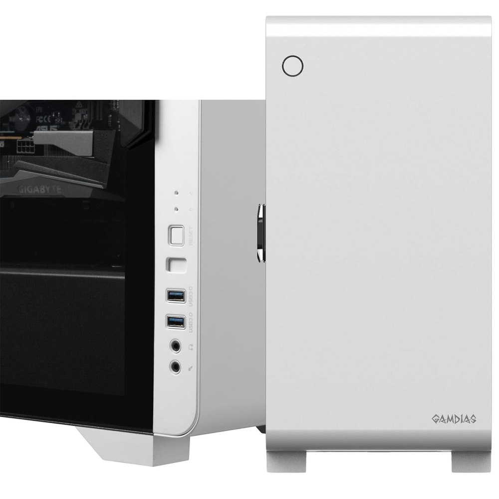 GAMDIAS MARS E2 White Micro-ATX Mini Tower PC Case (Hinged Tempered Glass, Snowy Metal Exterior, Up to 280mm Radiator, 5x Fan Support)