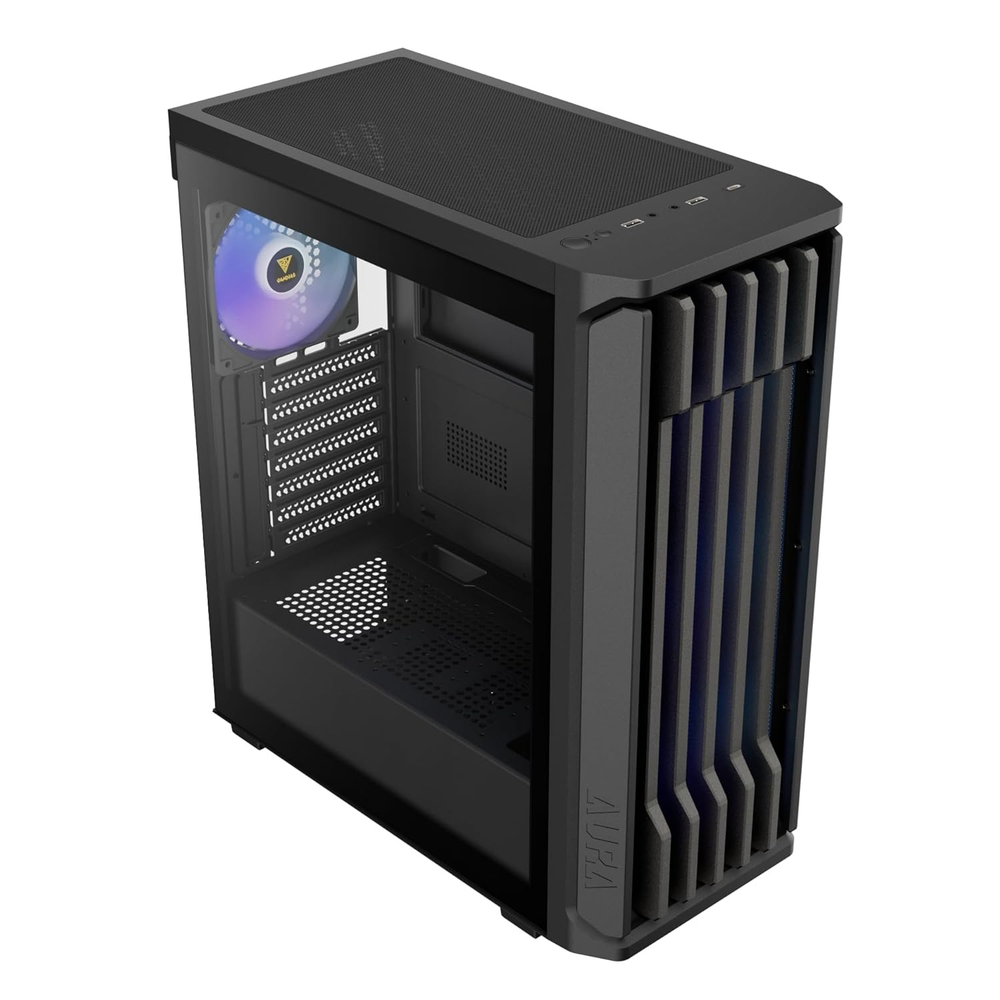 GAMDIAS AURA GC11 ARGB Mid Tower PC Case (Black, Bar Mesh Front, 4×120mm ARGB Fans, ATX Support, 360mm Radiator, Panoramic Tempered Glass)