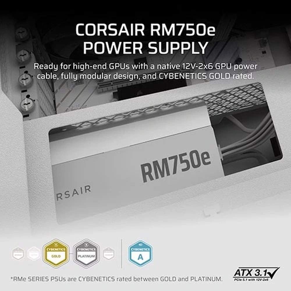RMe White Series, RM750e White, 750 Watt, Cybenetics Gold Certified, Fully Modular Power Supply