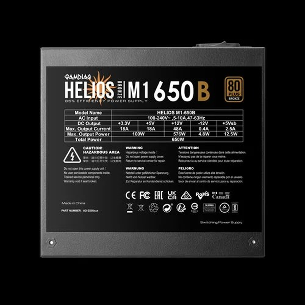 GAMDIAS HELIOS M1-650B 650W 80+ Bronze Non-Modular ATX Power Supply (120mm Hydraulic Fan, Dual PCIe, Flat Cables)