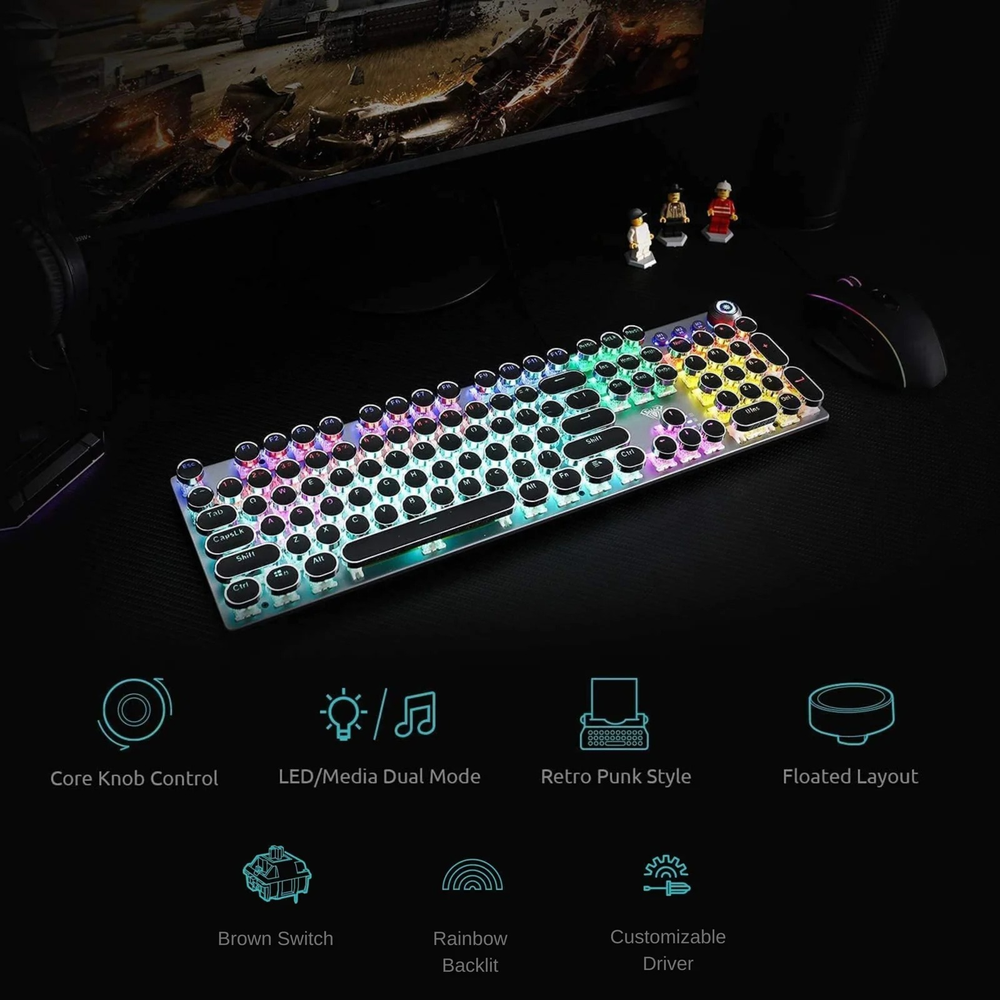 AULA F2088 Typewriter Style Wired Mechanical Gaming Keyboard | Black, Brown Switches, Without Handrest (F2088WHB)