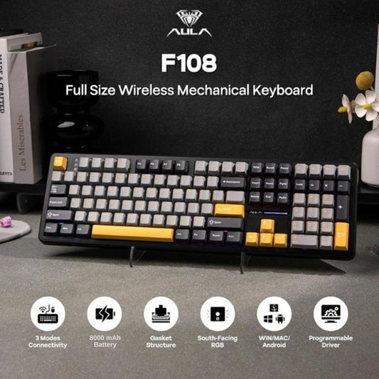 AULA F108 108-Key Tri-Mode Mechanical Gaming Keyboard Grey Yellow Volcanic Axis Switch