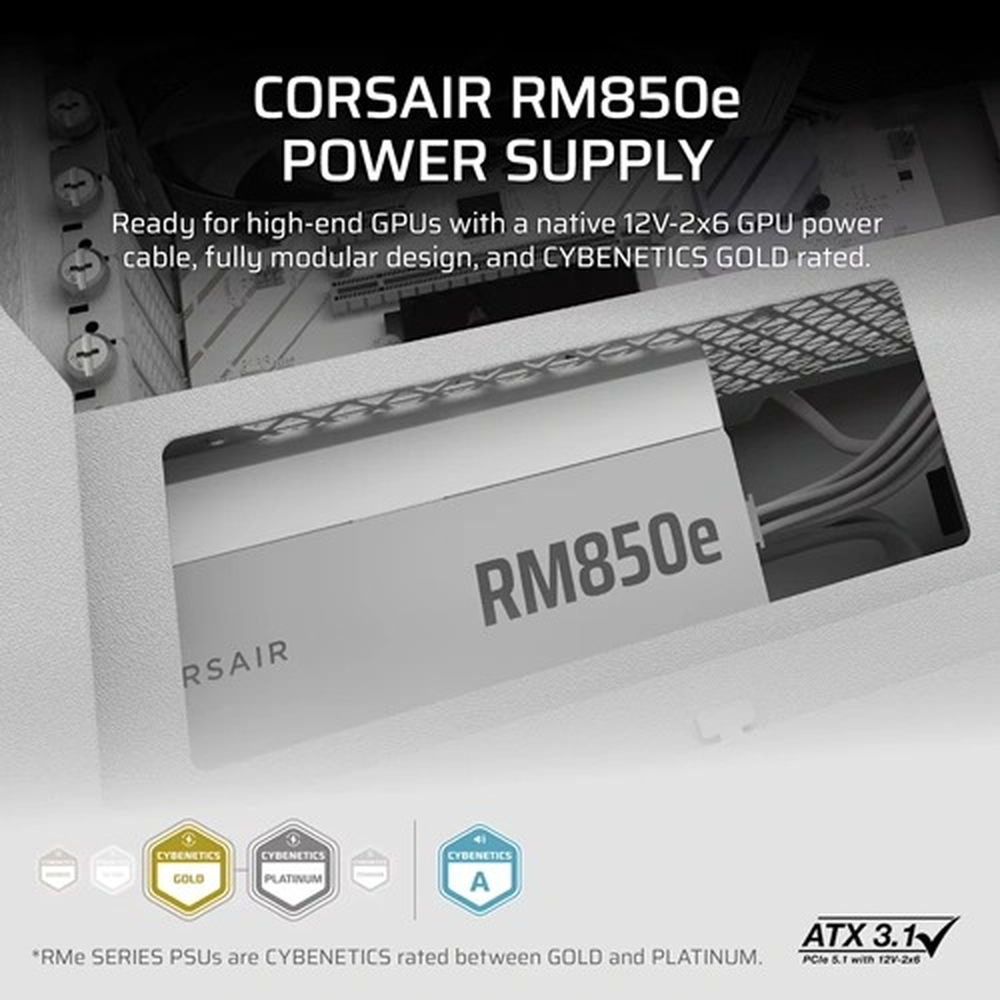 RMe White Series, RM850e White, 850 Watt, Cybenetics Gold Certified, Fully Modular Power Supply