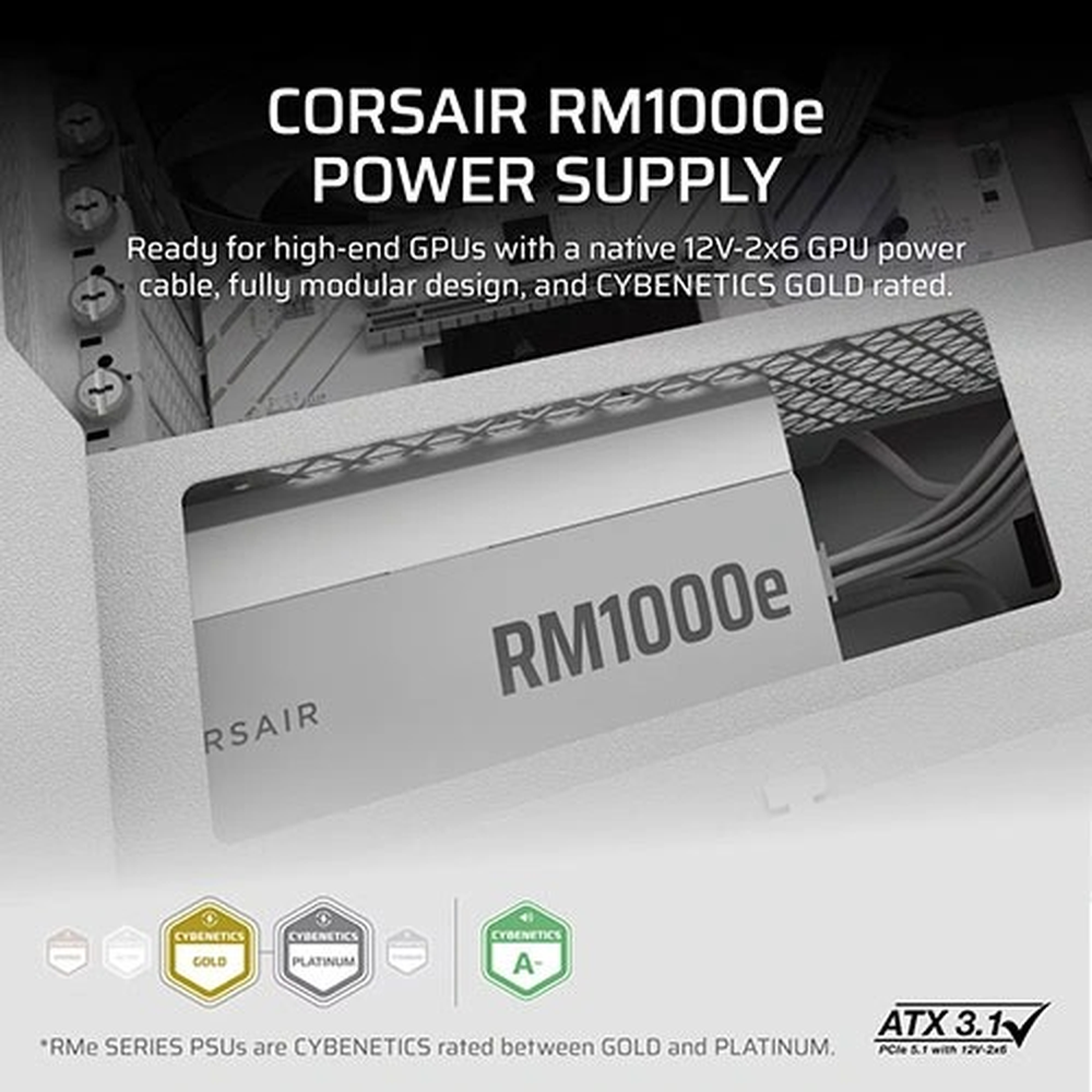 RMe White Series, RM1000e White, 1000 Watt, Cybenetics Gold Certified, Fully Modular Power Supply