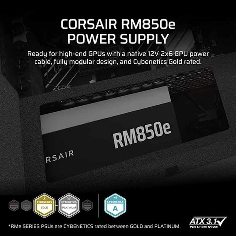 RMe Series, RM850e, 850 Watt, ATX 3.1, PCIe 5.1, Cybenetics Gold Certified, Fully Modular Power Supply