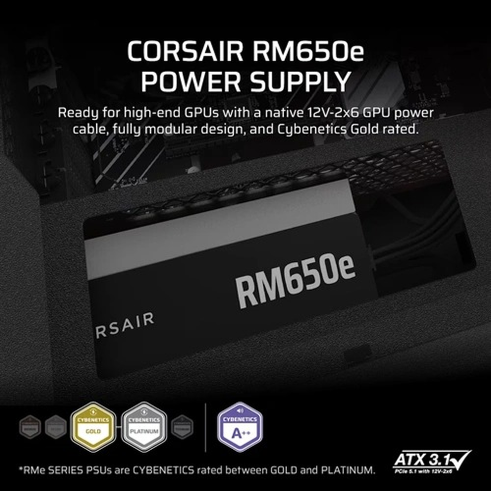 RMe Series, RM650e, 650 Watt, ATX 3.1, PCIe 5.1, Cybenetics Gold Certified, Fully Modular Power Supply