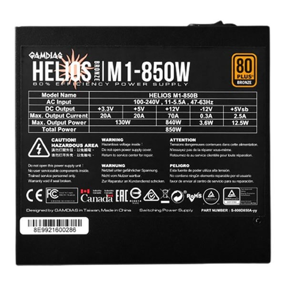 GAMDIAS HELIOS M1-850B 850W 80+ Bronze Power Supply (Non-Modular, Black Flat Cables)