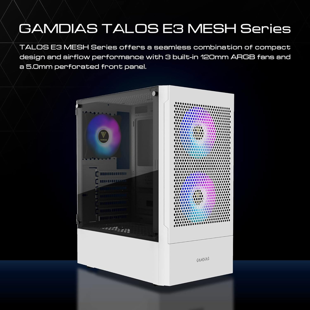 GAMDIAS TALOS E3 MESH WH ARGB Mid Tower PC Case (White, Mesh Front, 3×120mm ARGB Fans, ATX Support, 360mm Radiator, Tempered Glass Side)