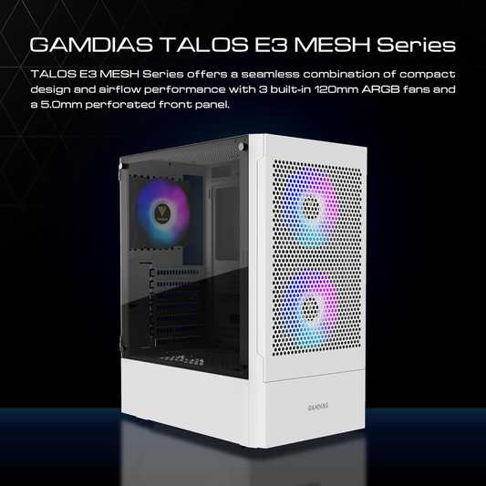 GAMDIAS TALOS E3 MESH WH ARGB Mid Tower PC Case (White, Mesh Front, 3×120mm ARGB Fans, ATX Support, 360mm Radiator, Tempered Glass Side)