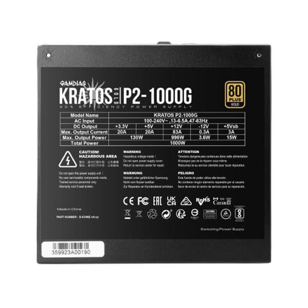 GAMDIAS KRATOS P2-1000G RGB 1000W 80+ Gold ATX 3.0 Fully Modular Power Supply (12VHPWR, PCIe Gen 5.0, 30 ARGB Effects)