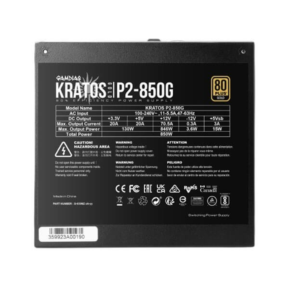 GAMDIAS KRATOS P2-850G RGB 850W 80+ Gold ATX 3.0 Fully Modular Power Supply