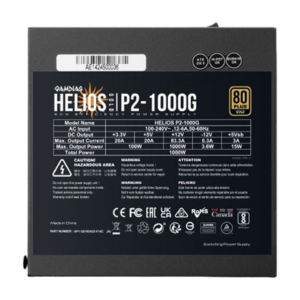 GAMDIAS HELIOS P2-1000G 1000W 80+ Gold ATX 3.1 Fully Modular Power Supply (12VHPWR, PCIe Gen 5.1, 135mm FDB Fan)