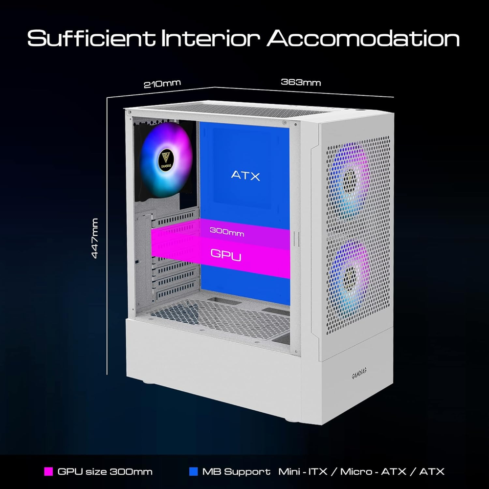 GAMDIAS TALOS E3 MESH WH ARGB Mid Tower PC Case (White, Mesh Front, 3×120mm ARGB Fans, ATX Support, 360mm Radiator, Tempered Glass Side)