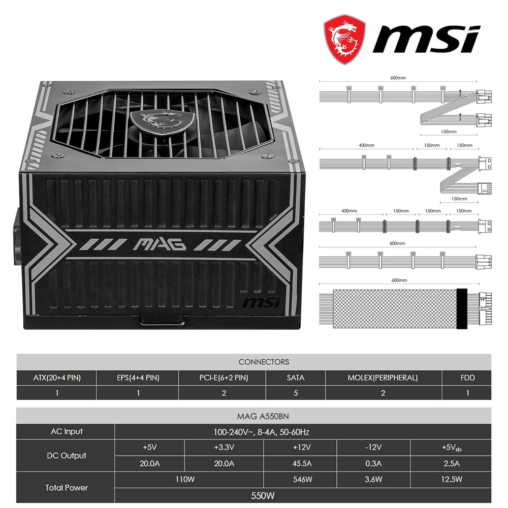 MSI MAG A550BN 550W 80+ Bronze Non-Modular Power Supply Unit