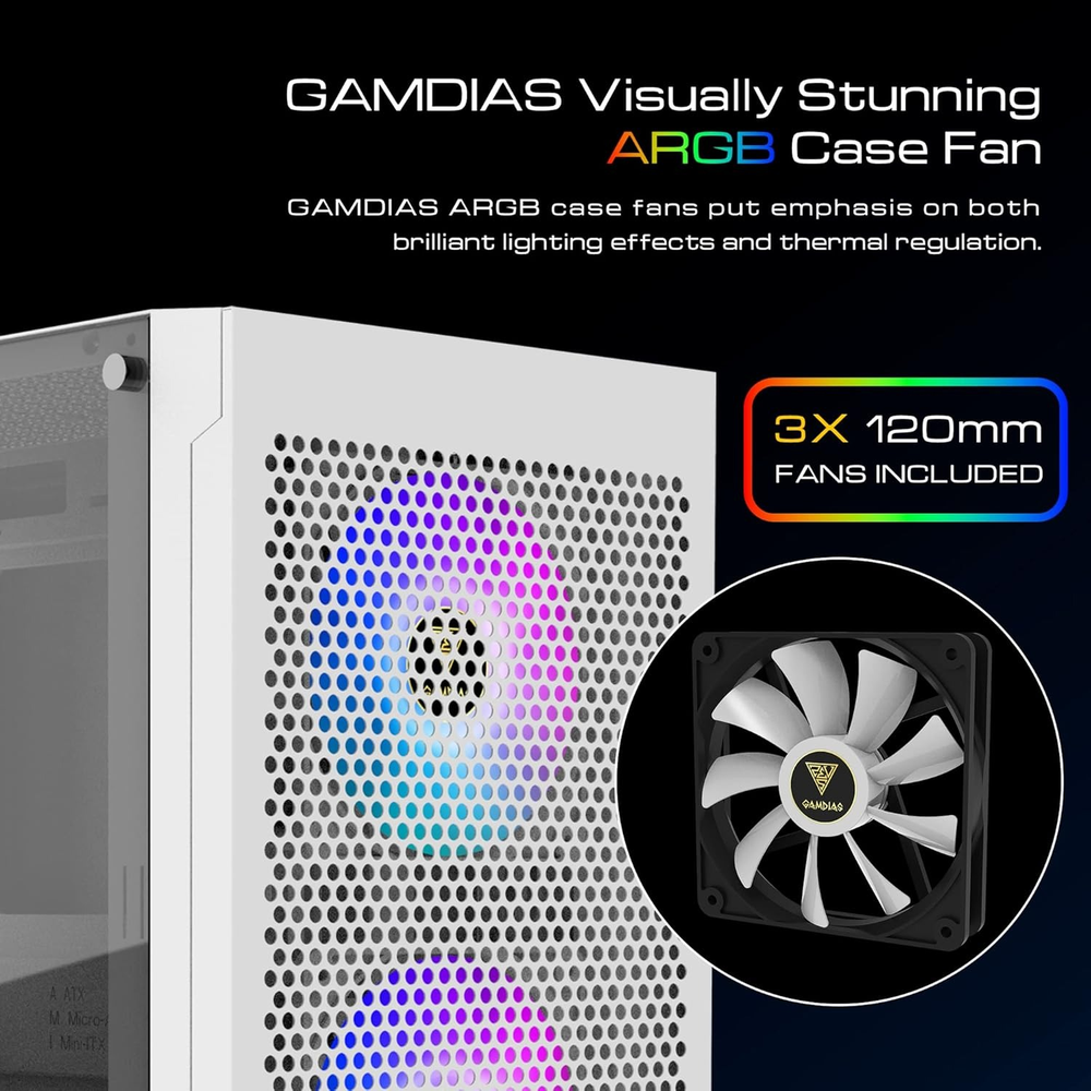 GAMDIAS TALOS E3 MESH WH ARGB Mid Tower PC Case (White, Mesh Front, 3×120mm ARGB Fans, ATX Support, 360mm Radiator, Tempered Glass Side)