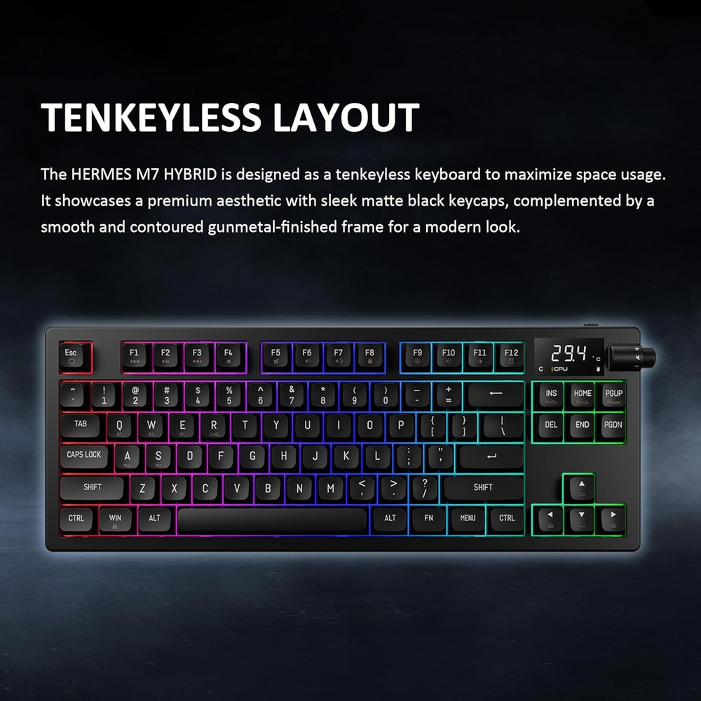 GAMDIAS HERMES M7 HYBRID Wireless RGB TKL Mechanical Gaming Keyboard (Red Switches, 2.4GHz / Bluetooth / USB-C, 4000mAh, CPU/GPU Temp Display, Volume Knob)
