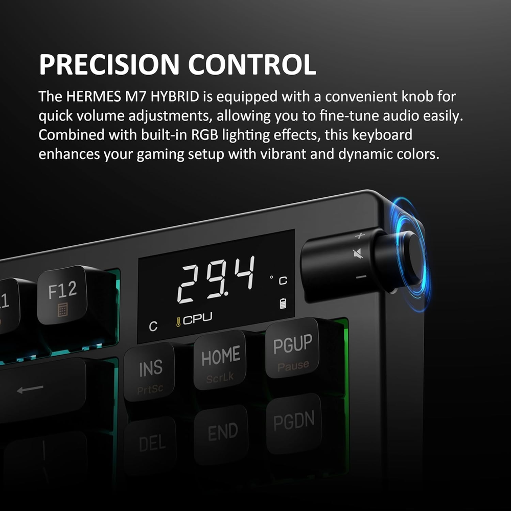 GAMDIAS HERMES M7 HYBRID Wireless RGB TKL Mechanical Gaming Keyboard (Red Switches, 2.4GHz / Bluetooth / USB-C, 4000mAh, CPU/GPU Temp Display, Volume Knob)