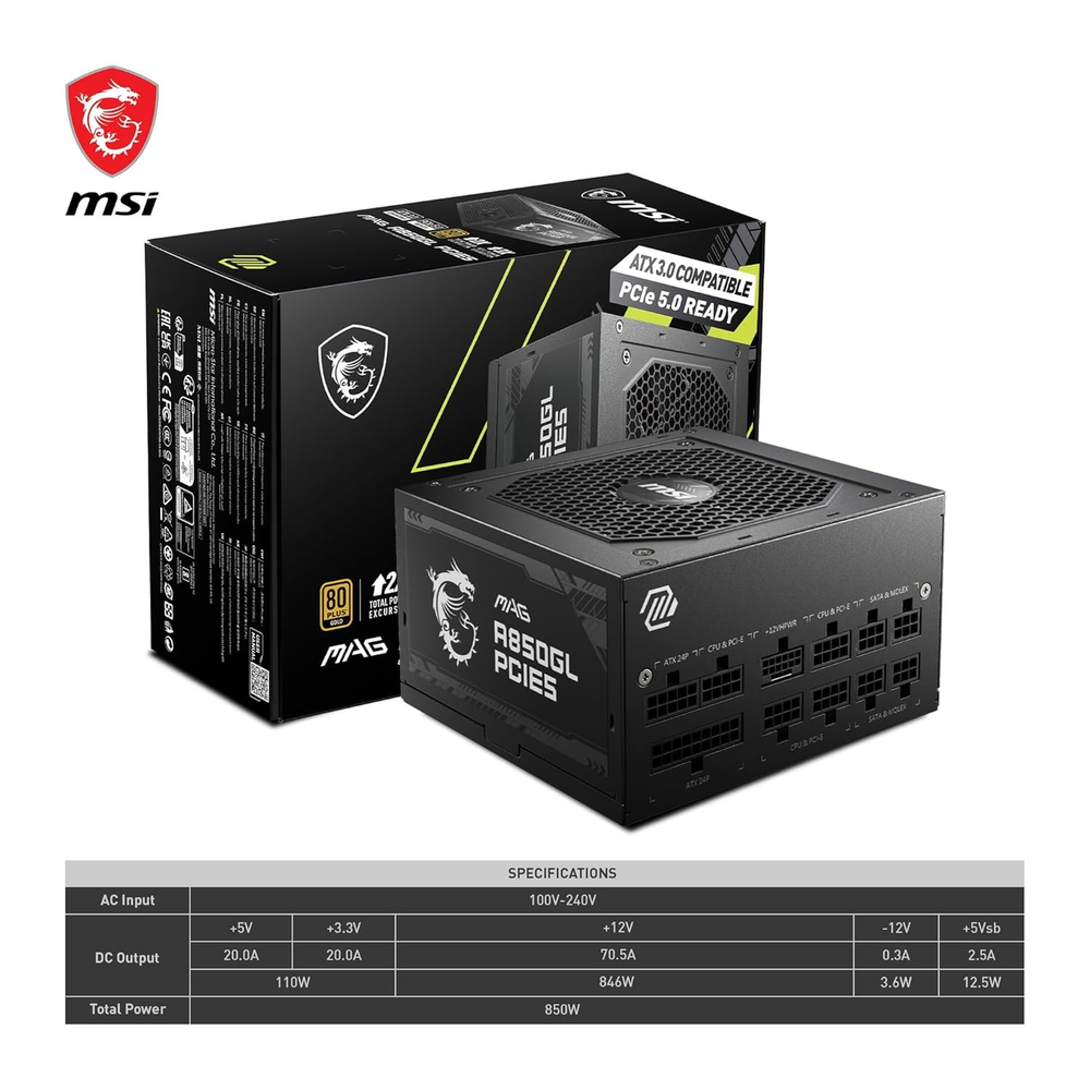 MSI MAG A850GL PCIE5 850W 80+ Gold Fully Modular PCIe 5.0 ATX 3.1 Power Supply Unit
