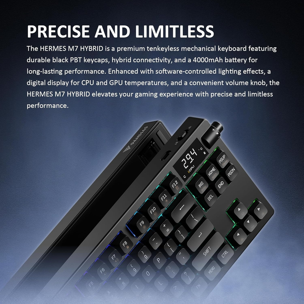 GAMDIAS HERMES M7 HYBRID Wireless RGB TKL Mechanical Gaming Keyboard (Red Switches, 2.4GHz / Bluetooth / USB-C, 4000mAh, CPU/GPU Temp Display, Volume Knob)
