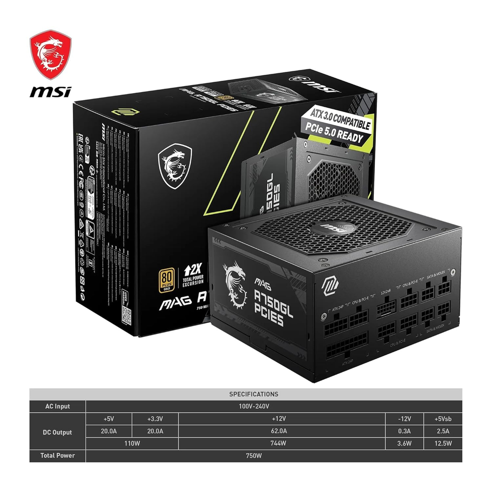 MSI MAG A750GL PCIE5 750W 80+ Gold Fully Modular PCIe 5.0 ATX 3.1 Power Supply Unit