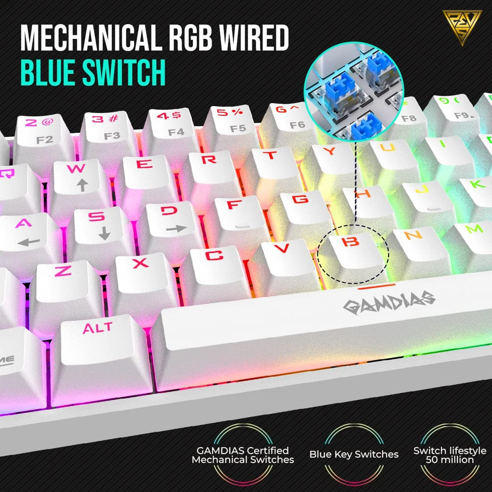 GAMDIAS HERMES E3 WH RGB 60% Mechanical Gaming Keyboard (White, Blue/Red Switch Options, 61 Keys, 19 Lighting Effects)