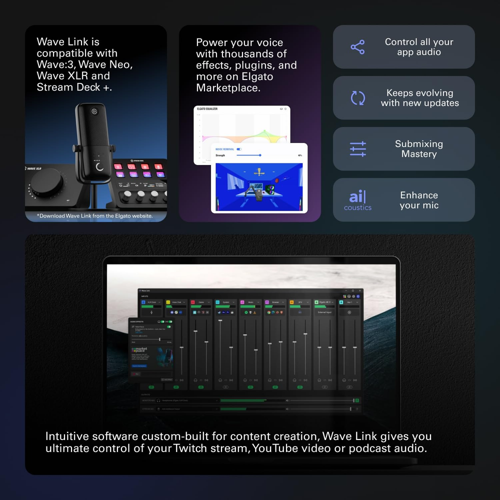 Elgato Wave:3 - Premium USB Condenser Microphone with Clipguard Technology and Wave Link Mixing Software