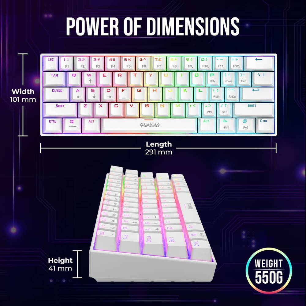 GAMDIAS HERMES E3 WH RGB 60% Mechanical Gaming Keyboard (White, Blue/Red Switch Options, 61 Keys, 19 Lighting Effects)