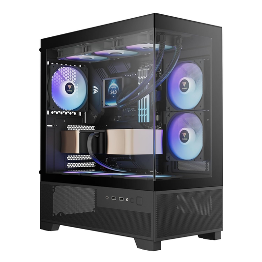 GAMDIAS AURA GC12 ARGB Mid Tower PC Case (Black, Panoramic Tempered Glass, 6×120mm ARGB Fans, ATX Support, 360mm/280mm Radiator, Type‑C I/O)