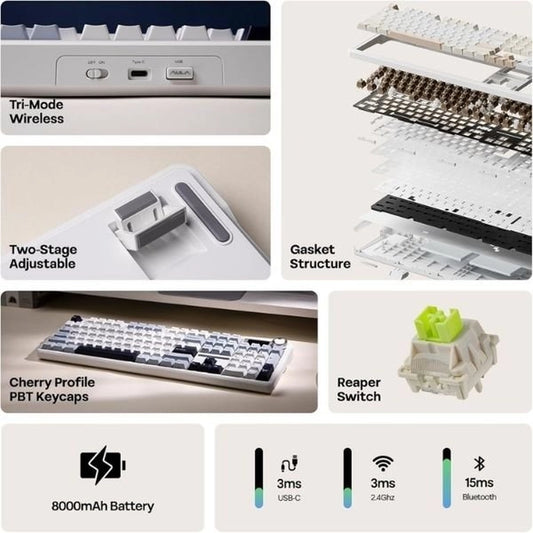 AULA F108 Pro 108-Key Tri-Mode Mechanical Gaming Keyboard Ice Blue Reaper Switch