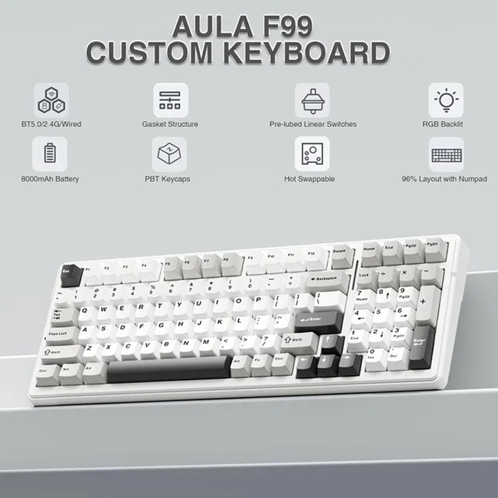 AULA F99 96% Tri-Mode Wireless Mechanical Gaming Keyboard with Knob | Gray White, Graywood (F99GrWW) Switch