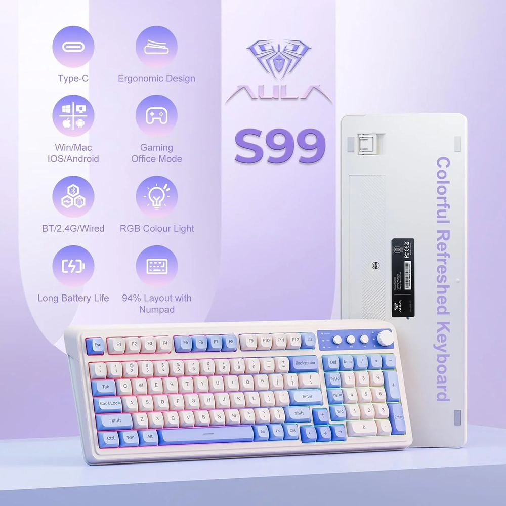 AULA S99 96% Tri-Mode Wireless Membrane Gaming Keyboard | Blue White (S99UW)