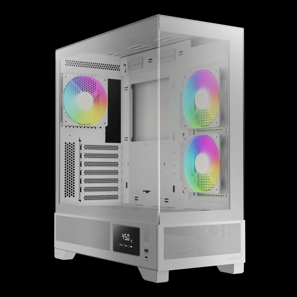 GAMDIAS ATLAS M1 WH ATX Mid Tower ARGB Gaming Case (White, Built-in Display, 3x120mm ARGB Fans, Tempered Glass)