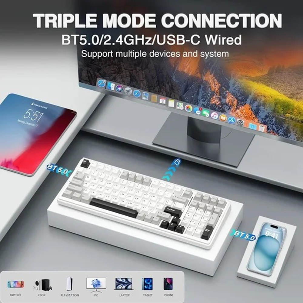 AULA F99 96% Tri-Mode Wireless Mechanical Gaming Keyboard with Knob | Gray White, Graywood (F99GrWW) Switch