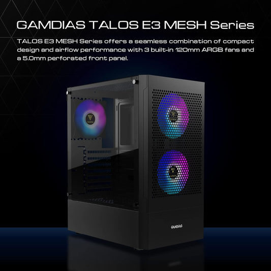 GAMDIAS TALOS E3 MESH ARGB Mid Tower PC Case (Black, Mesh Front, 3×120mm ARGB Fans, ATX Support, 360mm Radiator, Tempered Glass Side)