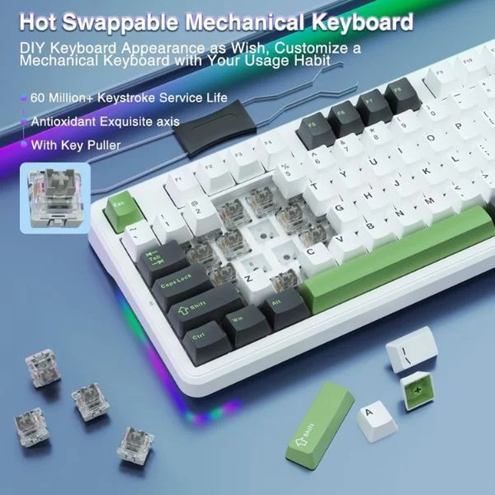 AULA F87 75% Tri-Mode Wireless Mechanical Gaming Keyboard | Green White, Gray Wood Switch (F87GW)