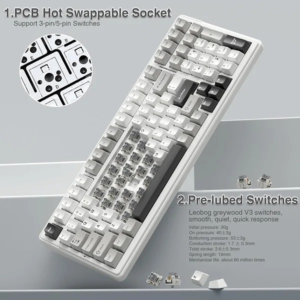 AULA F99 96% Tri-Mode Wireless Mechanical Gaming Keyboard with Knob | Gray White, Graywood (F99GrWW) Switch